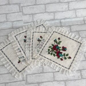 Vintage handmade cross stitch set of four Floral Lace Trimmed Coasters